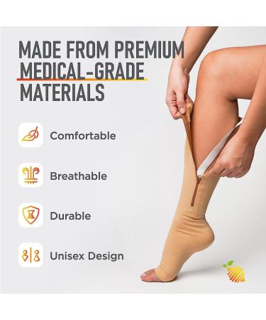 Lemon Hero Zipper Compression Socks 20-30mmHg Open Toe with Zip Guard Skin Protection - XXL Short Black & Beige - Medical Compression Socks for Men & Women - Buy Online on GoSupps.com
