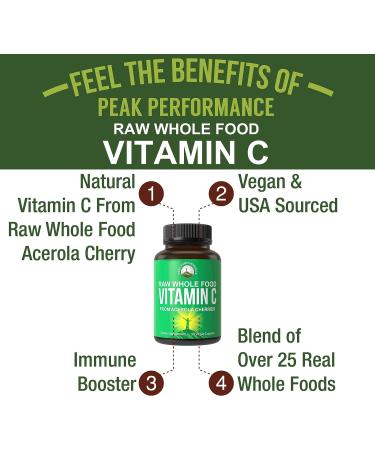 Peak Performance Raw Whole Food Natural Vitamin C Capsules - Vegan USA Sourced Supplement - 90 Pills, 500mg or 1000mg Dual Serving - Buy Online on GoSupps.com