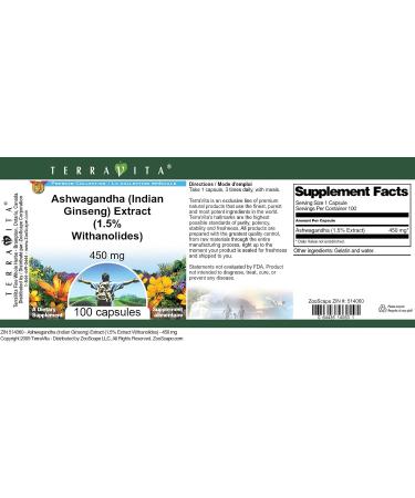Ashwagandha (Indian Ginseng) Extract (1.5% Withanolides) - 450 mg (100 Capsules ZIN: 514060) - Buy Online on GoSupps.com