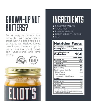 Eliot's Natural Crunchy Peanut Butter - No Sugar Added, Low Carb, Keto Friendly - Espresso Nib Flavor - 12 Ounce - Buy Online on GoSupps.com