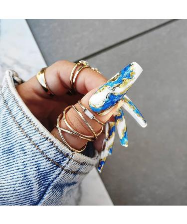 Artquee 24pcs Blue Press on Nails Long Ballerina - Glossy Acrylic Fake Nails with Gold Stroke Designs - Coffin False Tips for Women and Girls - Buy Online on GoSupps.com