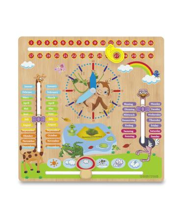Woodywood calendar watch for children - learning watch made of wood bilingual 30 x 30 cm - Montessori annual clock for learning the time the date weekdays months seasons and the weather for German - English - Buy Online on GoSupps.com