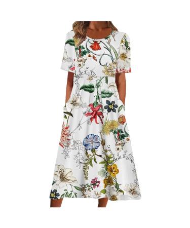 PEGALBIS Womens 2023 Summer Long Dresses Short Sleeve Floral Print Beach Dress Casual Trendy Cruise Boho Flowy Dress Pockets Medium 1 White