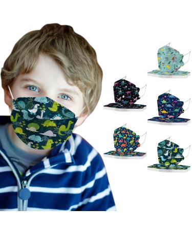 WEXCV 50 Pieces Children's Face Mask 4D 3 Layer Disposable Dinosaur Print Breathable Face Mask Bandana Fabric Mask 03 L