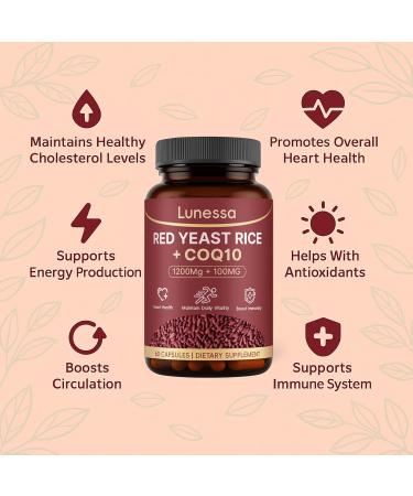 LUNESSA Red Yeast Rice 1200mg Red Yeast Rice Supplement with 100mg COQ10 Support Healthy Heart & Cholesterol for Men & Women High Absorption Non-GMO Vegan 60 Capsules - Buy Online on GoSupps.com