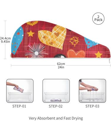 Super Absorbent Colorful Plaid Hearts & Stars Hair Towel 2 Pack | Quick Dry Turbans for Women & Girls - Perfect Hair Drying Solution - Buy Online on GoSupps.com