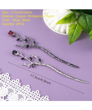 HINZIC Flower Hair Stick 2Pcs - Retro Chinese Hair Chopsticks for Bun | Wedding Hairpins for Bride Women Girls - Silver Black - Buy Online on GoSupps.com