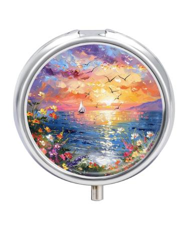 Pill Box Pill Case 3 Compartment Travel Pill Box Sunset and Sea View Printing Small Pill Box Portable Medicine Pill Case Pill Organizer for Purse & Pocket for Travel Handbag (Round)