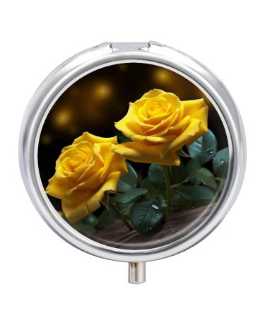 Round Pill Box Beautiful Yellow Roses Print 3 Compartment Medicine Pill Case Print Pill Organizer Decorative Metal Portable Pill Box Pocket Pill Box Style