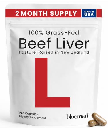 Beef Liver Capsules Made in USA Whole Food Source of 30+ Bioavailable Nutrients: Vitamin A B12 Heme Iron Zinc for Energy Immunity Vitality 100% Grass-Fed/Finished Beef Organ Supplement 240Ct
