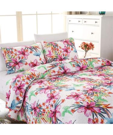 Quilted Bedspread 3 PCS Pink Printed Floral Revisible Lightweight Quilt Coverlets Bedding Set Throw with 2 Pillow Cases Vintage Style 230x250cm - Buy Online on GoSupps.com