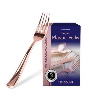 Stock Your Home 125 Disposable Heavy Duty Plastic Forks, Fancy Plastic Silverware Looks Like Real Cutlery - Utensils Perfect for Catering Events, Restaurants, Parties and Weddings (Rose Gold) Forks Rose Gold