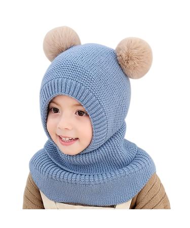 MAMUNU Kids Winter Warm Hat Scarf Warm Knitted Hood Hat with Double Pom Pom Design Earflap Beanies Caps with Fleece Lining for Toddlers Girls Boys One Size-3 Years Blue