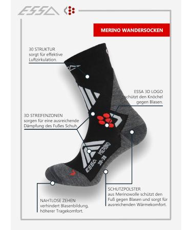 ESSA Merino Wool Hiking Socks - 2 Pairs - Breathable Trekking Socks for Men & Women - Sizes 35-38 - Black - Buy Online on GoSupps.com