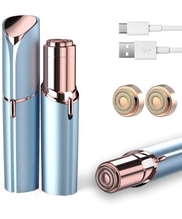 Facial Hair Removal for Women Painless Hair Removal Device Lady Face Electric Razor for Lip Chin arms with USB Rechargeable Included 2 pc Replacement Heads 2 Heads+Blue(Rechargeable)