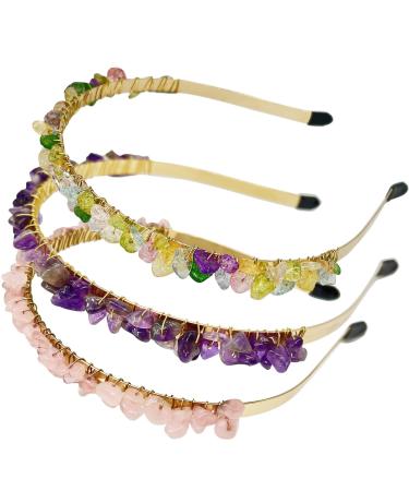 FZBHRO Rose Quartz Headband Amethyst Hair Accessories Raw Crystal Quartz Hair Tiara Colorful Spiritual Crystal Beads Headband for Girls 3pcs Rose+Amethyst+Colorful Crystal
