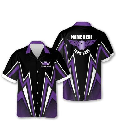 LASFOUR Custom Bowling Shirts for Men, Strike King Bowling Button-Down Short Sleeve Hawaiian Shirts, Crazy Bowling Team Shirt Purple