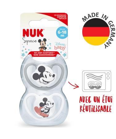 Nuk Sucker Space 6-18 Months | Mickey Mouse Silicone BPA-Free Pacifiers with Extra Ventilation | Gray/White | 2-Pack - Buy Online on GoSupps.com