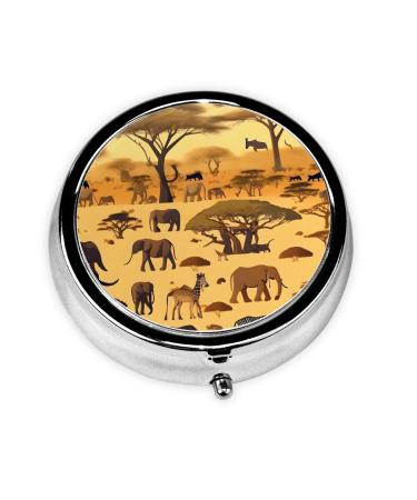 African Grassland Animalsround Pill Box 3 Compartment Round Pill Box Organizer Portable Travel Pill Box for Traveling.