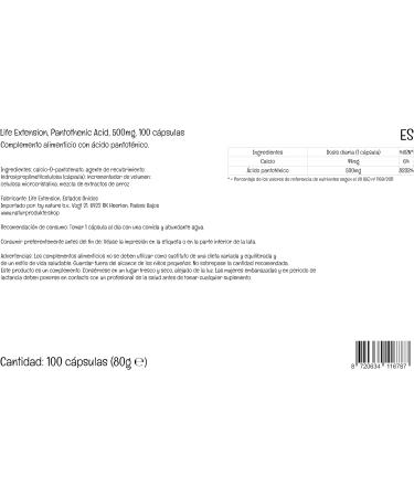 Life Extension Pantothenic Acid 500mg - High Dose Vitamin B5 - 100 Vegan Capsules - Lab Tested - Gluten Free, Vegetarian, Soya Free, GMO Free - Buy Online on GoSupps.com