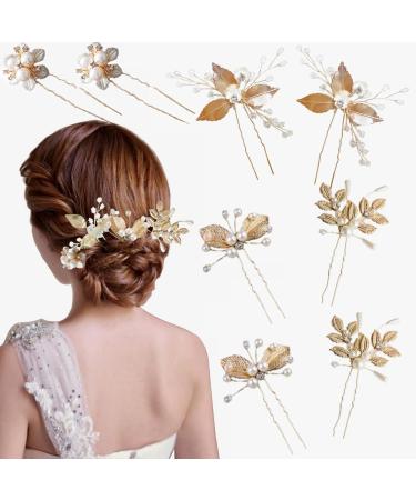 8 Pieces Bridal Hair Pins Pearl Flower Hair Pins Gold Leaf Hair Clips Jewelry Bridal Wedding Hair Accessories For Women Wedding Party Brides Flower Girls Bridesmaids Hairstyles