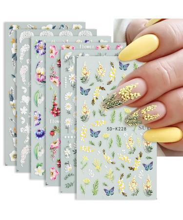 6pcs 5D Flower Nail Art Stickers Declas Engraved Flower Sliders for Nail Decoration Spring Summer Embossed Design Accessory (5D Flower)