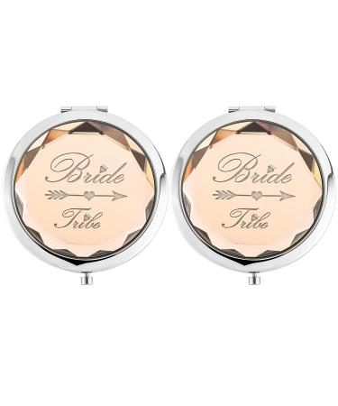 2 Pack Bachelorette Party Gifts for Bride 2 Bride Tribe Mirror Crystal Pocket Compact Makeup Mirror Wedding Bridesmaid Gifts-Mirror for Bridal Party Bridesmaid Proposal Gifts (champagne)