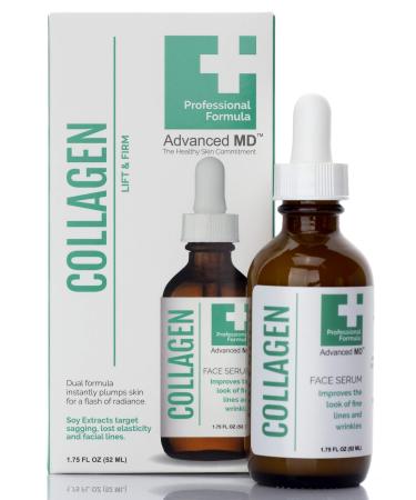 Advanced MD Collagen Face Serum Moisturizer For Wrinkles & Fine Lines Professional Formula To Lift & Firm By Targeting Lost Skin Elasticity. Soy Extract, Antioxidants, Peptides, 1.75 Fl Oz Collagen Serum