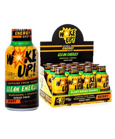 Woke Up! Energy Shot - Natural & Healthy Energy Drink - Sugar Free Energy Drinks with Vitamin B12, Lions Mane & Yerba Mate - Immunity Shot - Energy Shots Extra Strength - Berry Flavor (12 Pack)