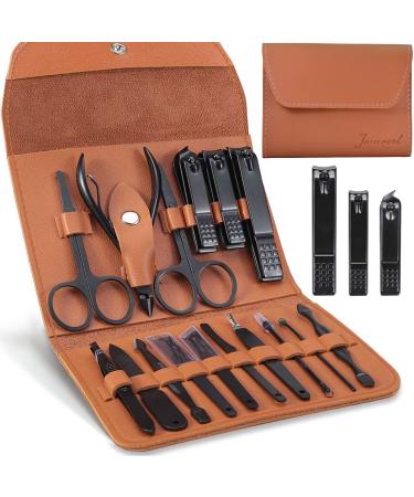 Jomverl Manicure Set, Professional Pedicure Kit Nail Clippers Nail Care Tools, 16 in 1 Travel Grooming Kit Nail Care Tool with Leather Travel Case Nail Care Kit Pedicure Kit for Man and Father Brown