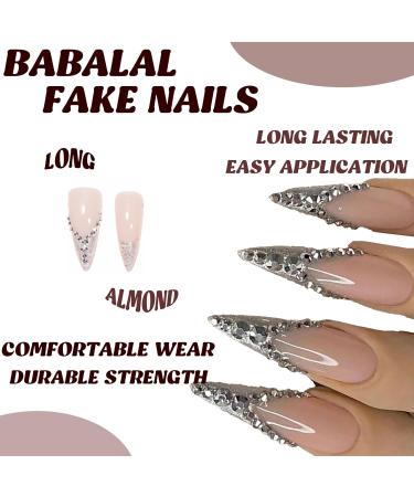 BABALAL Long Stiletto Press on Nails - Silver French Tip Glitter Acrylic Nails with Rhinestones | Manicure Set for Women & Girls - FNI16sliver - Buy Online on GoSupps.com