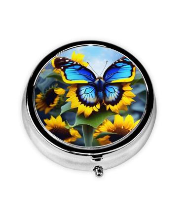 Sunflower Blue Butterflyround Pill Box 3 Compartments Round Pill Box Organizer for Purse Or Pocket &*Portable Travel Pill Box