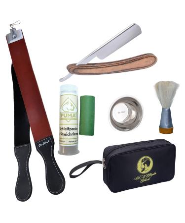 Straight Razor Shaving Gift Set with cow Hide Strop Shaving Brush Stainless steel Bowl Paste from Solingen Packed in a bag