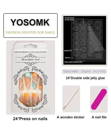 YOSOMK Long Press-on Nails - Orange Green Swirl Acrylic Artificial Nails for Women with Glue - Buy Online on GoSupps.com
