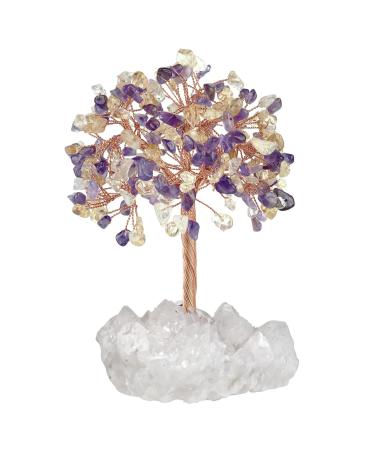 Kyeygwo amethyst & citrine healing crystal money tree on natural mountain crystal druse rodstein base feng shui bonsai tree stone luck tree figure gemstone tree ornament house decor