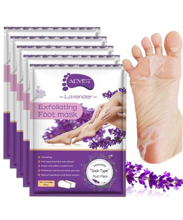 Foot Peel Masks for Dry Cracked Feet 5 Pack ,Exfoliating Foot Mask, Natural Exfoliator for Dead Skin, Callus, Repair Rough Heels for Men Women ,Make your Foot Baby Soft in 7 Days, AlIVER (4" - 12" ) Lavender 5Pack