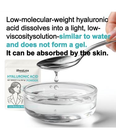 iReaLax Hyaluronic Acid Powder | Low Molecular Weight Hyaluronic Acid Serum Powder | 2oz (56.7g) Cosmetics Grade | Sodium Hyaluronate HA | LMW HMW Ingredients to Make Gel and DIY Serums - Buy Online on GoSupps.com