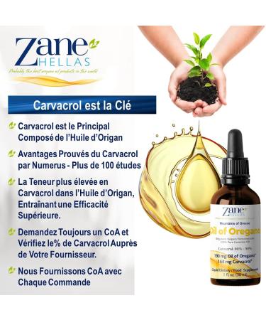 Zane Hellas 100% huile d'origan non dilu e.Huile Essentielle Grecque Pure d'Origan.86% Min Carvacrol.164 mg de carvacrol par portion.Probablement la meilleure huile d'origan au monde.1 oz-30ml - Buy Online on GoSupps.com