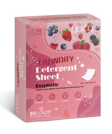 YUCO Laundry Detergent Sheets Berry Scent 80 Loads (40 Sheets) Eco-Friendly Laundry Soap Washer Sheets- Liquidless Laundry Detergent Sheets for Travel No Plastic & Hypoallergenic