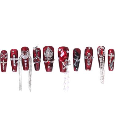 PN-026 Press-On Nails Hand Nails Polished 10 Pieces Reusable Premium Artificial Nails Diva Queen Cross Heart Crystal Stones Chain Metallic Red - Buy Online on GoSupps.com
