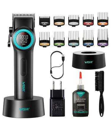 VGR 001 Professional Hair Clippers for Men Cordless Barber Clippers for Hair Cutting Carbon Steel Blade Hair Trimmers for Barbers 9000RPM LED Display Black
