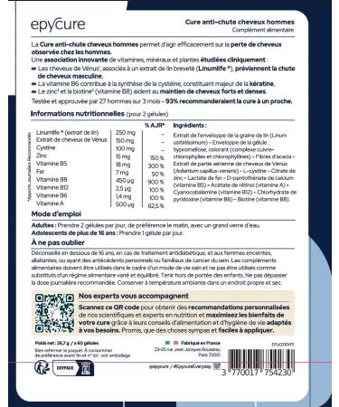 EPYCURE - Hair Loss Treatment for Men - 92% Natural - Limits Loss Accelerates Growth Effective Against Androgenic Alopecia - Cystine Zinc Vitamins - 1 Month - Vegan - Made in France - Buy Online on GoSupps.com