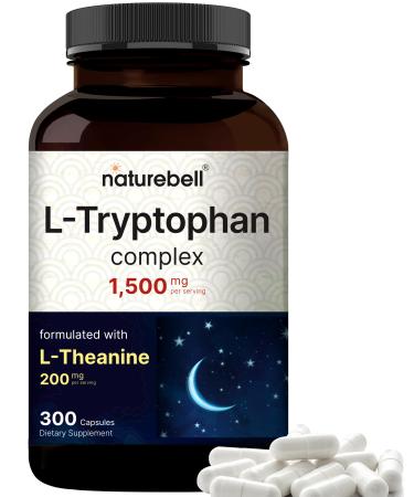 NatureBell L Tryptophan 1300mg with L Theanine 200mg 300 Capsules | Active Free Form Plant Based Supplement Calm Formula Supports Relaxation Non-GMO & No Gluten L Tryptophan with L Theanine 300 Count (Pack of 1)