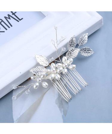 Dervivea Wedding Pearl Flower Hair Comb Silver bridal Leaf Hair Combs Headpiece Vintage Pearl Side Comb Crystal Rhinestone Hair Comb Decorative Hair Accessories for Women and Girls Headdress (Silver) - Buy Online on GoSupps.com