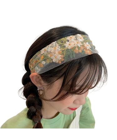 NICENEEDED Mesh Elastic Flower Embroidered Head Band Non-slip Lace Floral Embroidery Headband Vintage Stretch Head Jewelry Hairband for Women and Girls Hair Decoration