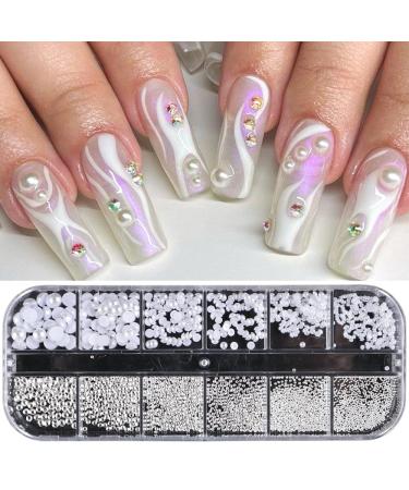 Buy 1 Box of 12 Grid Nail Art Rhinestones & White Pearls - Semicircular Pearl Balls Stainless Steel Caviar Beads Flatback Pearls for Stunning Acrylic Nail Designs - International Shipping Available - Buy Online on GoSupps.com