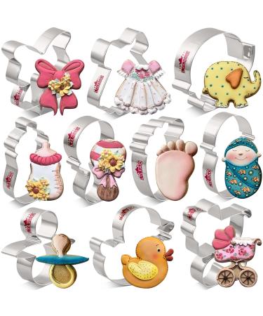 LILIAO Baby Shower Cookie Cutter Set - 10 Pcs - Footprint Dress Carriage Pacifier Ribbon Duck Rattle Elephant Bottle Baby Biscuit Cutters - Stainless Steel