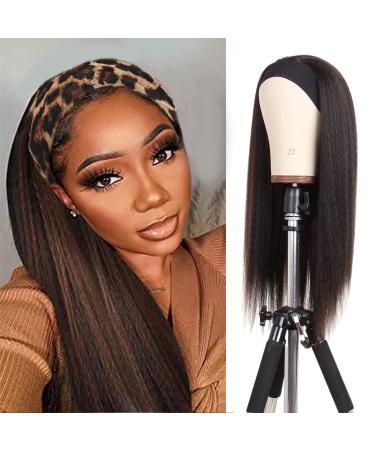 PWEOUKE 22 Inch Glueless Kinky Yaki Straight Headband Wigs Long Hair Wig High Temperature Heat Resistant Synthetic Head Wrap Wigs for Black Women, 1B30 Mix Brown 22 Inch 2-Black Mix Brown 1B30#