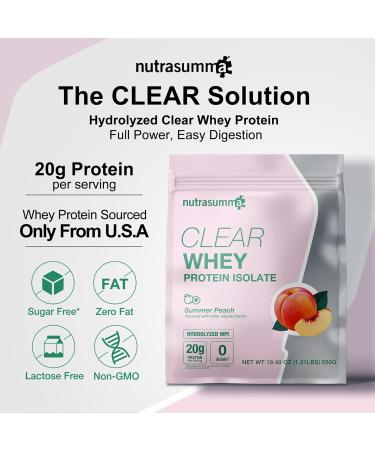 Nutrasumma Clear Whey Protein Isolate Powder 20g Protein Sugar Free Fat Free Lactose Free Summer Peach Flavor 1.21 lb 22 Servings - Buy Online on GoSupps.com