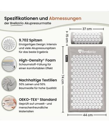 BRELLAVIO Acupressure Massage Mat with Pillow - Acupuncture Relaxation for Back Neck Shoulder & Foot - Gray Tension Relief Sting Mat - Buy Online on GoSupps.com
